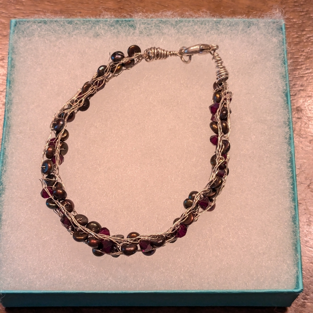 Handmade Artisan Black Beaded Sterling Silver Wired Bracelet